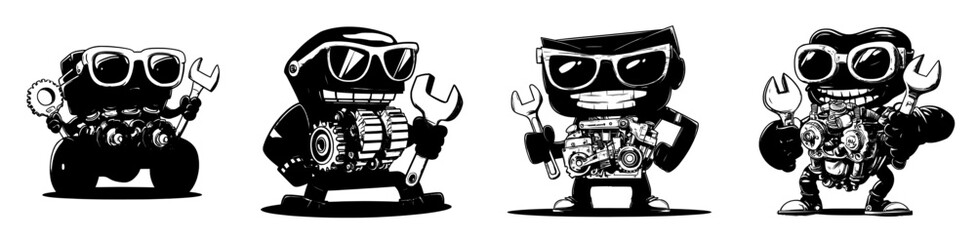 A cartoon character depicting a retro groovy car engine is shown in isolation, boasting modern features and a fun, nostalgic automotive personality with vibrant parts and components, exuding