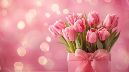 Fototapeta premium Bouquet of pink flowers in giftbox with tape on pink background