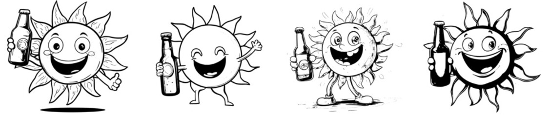 A cartoon sun character with a groovy personality is depicted holding a drink bottle and showcasing a humorous face, represented in a modern emoji style, alongside a groovy sun enjoying a beer or