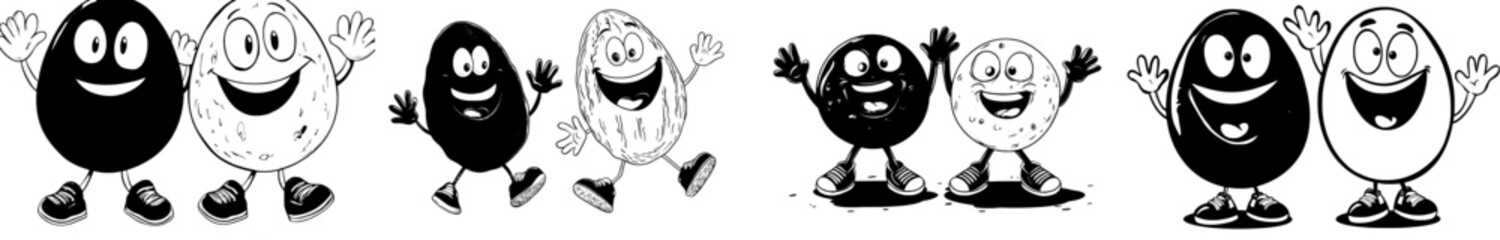 Quirky cartoon characters with retro vibes, featuring groovy macadamia nut personalities, vintage hippie footwear, and high-fiving gestures, embody a lively and carefree atmosphere of friendship and