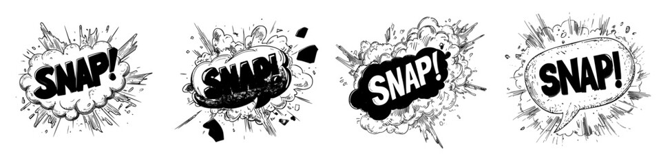 A comic sound blast is represented by a snap bubble cloud cartoon icon, which is a modern snap sound blast, an explosion boom cloud with stars, reminiscent of superhero comic book pop art © Andrei