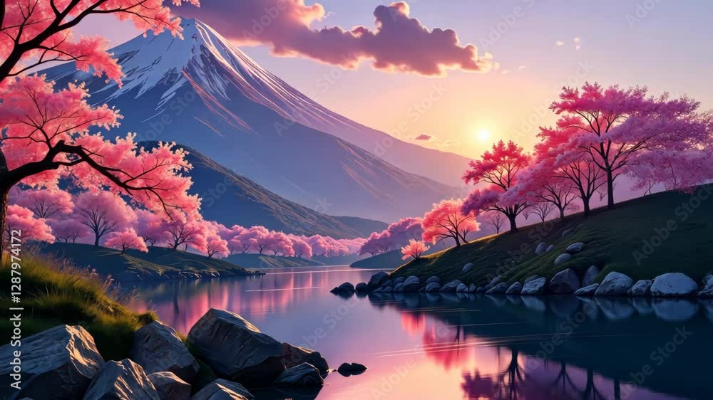 Poster a mountain range with a pink and purple sky. trees are in the foreground and the mountains are in th