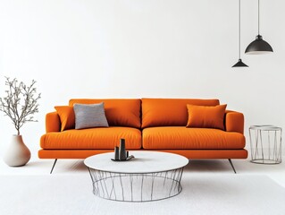3D Render of Orange Sofa and Decor in Modern Living Room