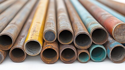 A composition of various industrial pipes in different diameters arranged on a white background