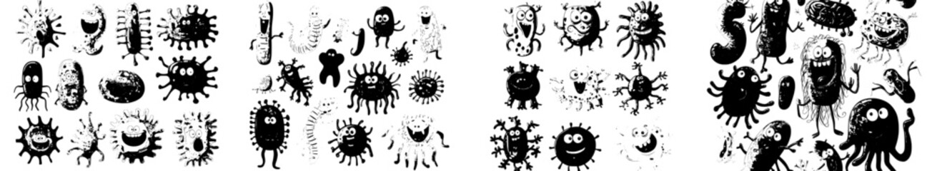 Modern bacteria and germ monsters are depicted as cartoon virus characters, including cute microbe cells and infection pathogens of coronavirus, flu or influenza, rotavirus and adenovirus with happy
