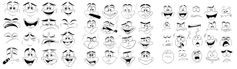 A set of cheerful, angry, and tongue-showing face expressions is available, featuring cartoon emojis with cigars, winks, and sad, smiling, confused looks, accompanied by monocles, eyeglasses, and