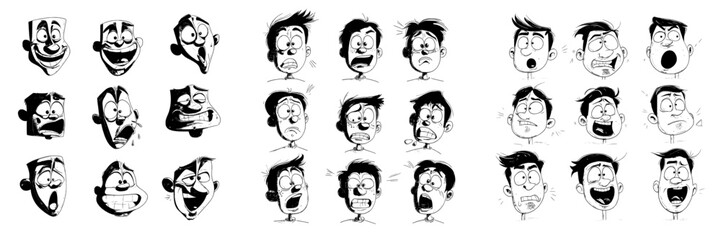 A set of emoticons showcases various facial feelings, such as yelling, sticking out one's tongue, being preoccupied, crying, and appearing upset, among other emotions