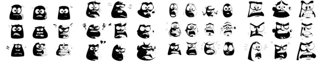 Modern icons of cartoon face expressions are isolated, featuring negative emojis that convey suspicion, evil, fear, shock, gloating, grinning, smirking, or craziness