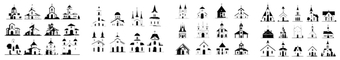 Catholic church buildings are represented by modern icons, including cathedrals, chapels, and monastery facades, showcasing medieval and modern church designs and Christian Evangelical religious
