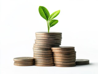 A stack of coins with a flourishing plant growing from the top representing financial prosperity
