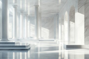 Fototapeta premium ethereal marble colonnade with floating geometric platforms, bathed in soft ethereal light, minimal classical architecture with modern elements