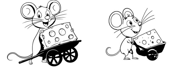 Fototapeta premium A cartoon mouse is depicted with cheese in a wheelbarrow, representing a modern animal character, where the mouse is either carrying or stealing a piece of cheese and a wheelbarrow, symbolizing a