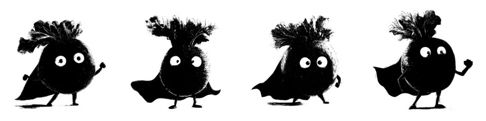 A cartoon beetroot character is depicted as a modern superhero icon, isolated and humorous, with a fairytale vegetable in a cape and mask representing healthy food and a vitamin-rich superhero in a © Andrei
