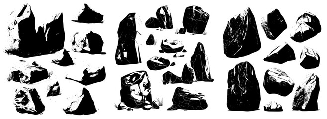 A modern set of cartoon rock stones and boulders includes grey rubble, gravel, and cobble, representing various geological materials