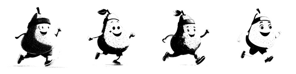 The pear fruit is depicted engaging in jogging, symbolizing a healthy food choice and a sporty fitness activity, as represented by a modern cartoon character