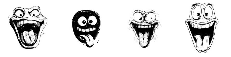 A cartoon face featuring a tongue-out expression, a modern smile emoji-inspired facial expression, and goggle eyes looking upwards with an open mouth, symbolizing humorous emotions set against a