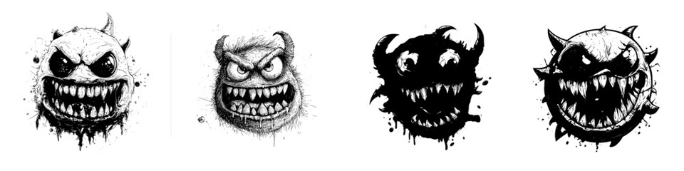 A modern, isolated monster face icon represents cartoon emotion, depicted as a cute Halloween creature emoji, specifically a funny dragon or wild animal with distinctive purple eyes and a smiling