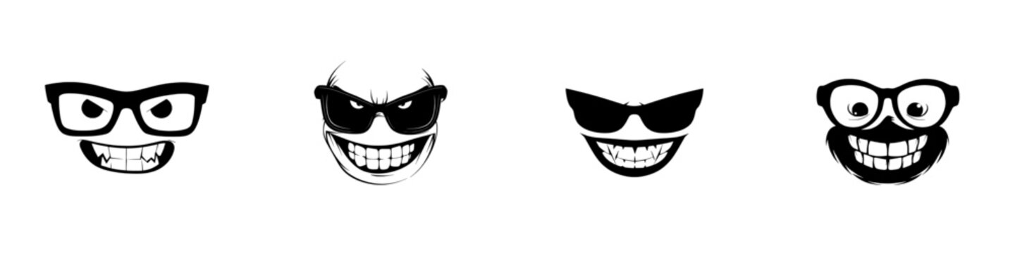 A modern cartoon face with a gloat laugh emoji, characterized by angry eyes and a toothy laughing mouth, exemplifies a malefactor's facial expression of humorous feelings on a white background