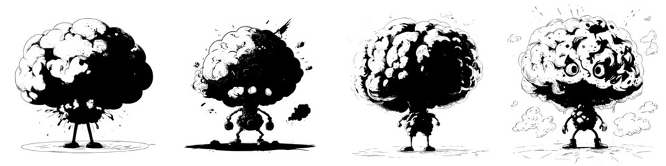 A cartoon brain is depicted with its head exploding, symbolizing extreme stress and an overwhelming amount of information, featuring a modern emoticon with a detonating head and a nuclear burst,