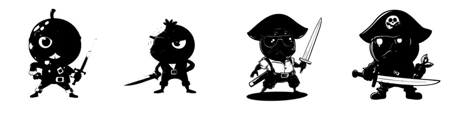 A cartoon blueberry character dressed as a corsair, equipped with sabers, is depicted as a modern and happy bilberry pirate wearing a picaroon costume, complete with a mustache and earrings,