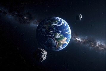 Obraz premium Earth and Two Asteroids in Space with Milky Way Background