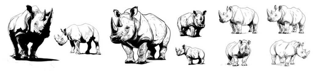 Obraz premium A rhinoceros mascot with an aggressive demeanor, characterized by its modern appearance, angry facial expression, white horns, and robust gray body, symbolizing a sports team or club from the African