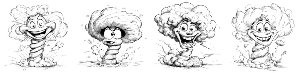 A cartoon character depicting a tornado is shown as a humorous, modern representation of a storm, complete with a smiling face and a whirlwind or cyclone funnel