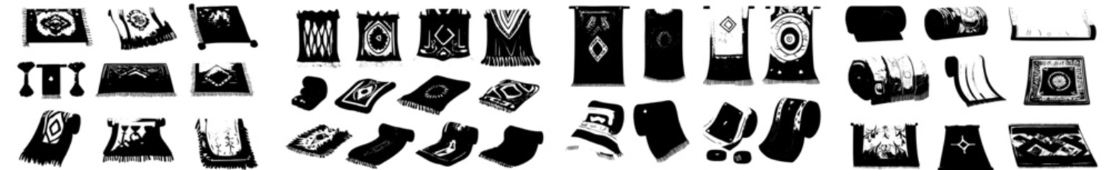 Isolated cartoon carpets, mats, and rugs are depicted, showcasing modern home interior objects, including floor, picnic, yoga, bath, and beach carpets with tassels and colorful ornaments, made from