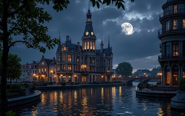 Fototapeta premium Night View of Chateau-Style Building on Canal with Full Moon