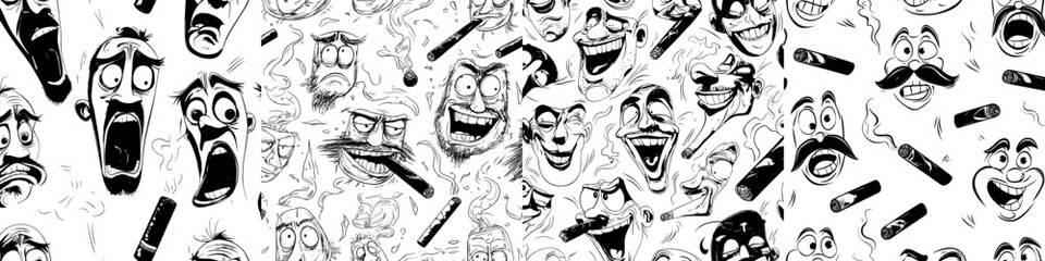 A modern seamless background featuring smile face patterns, funny emoticons, and happy emojis is displayed, along with cute smile characters of cartoon kawaii emoticons that are laughing or scared,