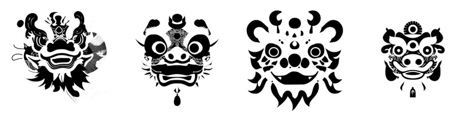 A traditional Chinese lion dance head and Lunar New Year dragon mask represent an Asian character in a holiday costume, depicted as a cartoon design element on a white background