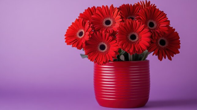 A modern red flower pot with blooming red flowers, sitting on a purple background