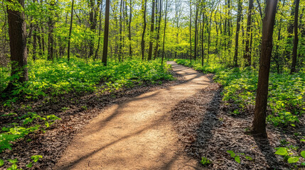 Obraz premium peaceful forest trail with sunlight filtering through trees, surrounded by vibrant greenery
