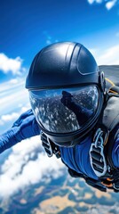 Fototapeta premium Skydiver capturing selfie mid-air in helmet.