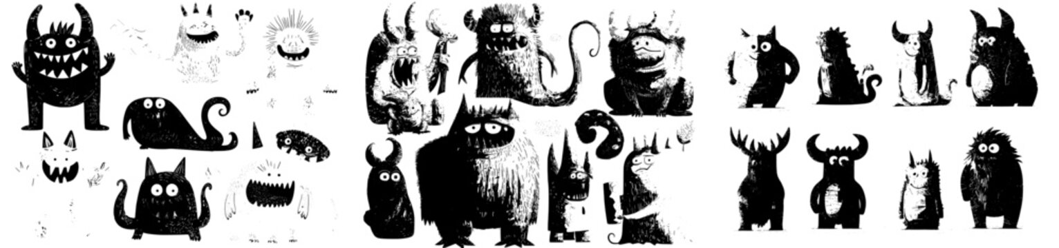 The collection includes cartoon funny monster characters, cute comic Halloween joyful personages, isolated modern devils, goblins, ugly aliens, and kawaii smiling creatures, such as mutants with