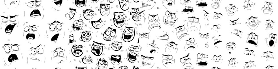 A seamless pattern of cartoon emoji faces is available, featuring a range of expressions including evil, scared, foolish, amazed, crying, and laughing, suitable for use as a backdrop or wallpaper