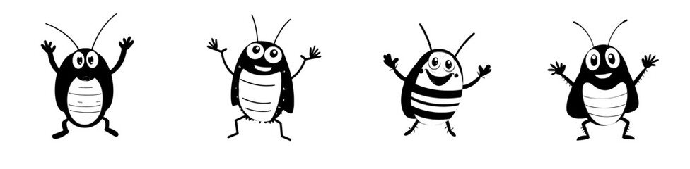A cheerful cartoon cockroach, depicted with its arms raised in excitement, is shown running with a joyful smile on its face, as a solitary, modern, and amusing insect character that could be found in