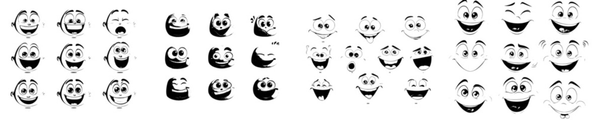 A cartoon face with blinking and laughing eyes is depicted in an animated sequence, showcasing a modern happy character's smiling facial expression in a sprite sheet, with a funny personage