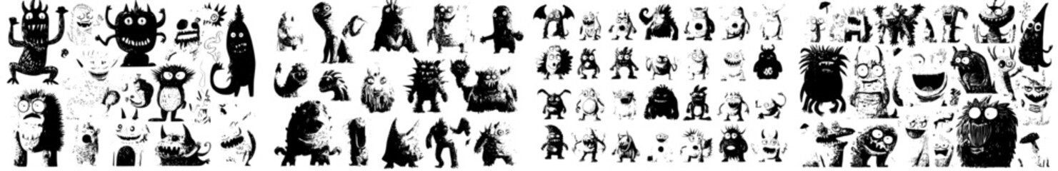 Modern scary little creatures and comic mutant mascots with smile, devil troll or silly goblin and furry monster gremlins, monsters, cartoon cute funny characters and alien animals with happy face