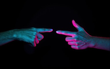 Obraz premium Two Hands with Index Fingers Extended, Neon Lighting