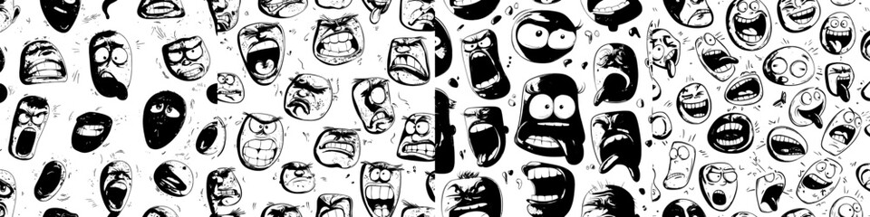 A seamless pattern of unhappy, sad, and angry faces is available for fabric or wrapping paper, creating a humorous background with cartoon expressions of scared, angry, screaming, crying, and foolish