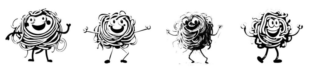 A cartoon character made of linguine pasta is depicted with a lively and playful expression, symbolizing a traditional Italian meal of spaghetti, isolated on a modern background with a fun face