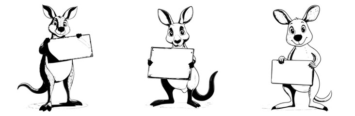 The image features a cartoon wallaby, an Australian national marsupial, holding a wooden sign board on a stick, with a modern and funny tone, isolated, and characterized as a smiling comic wallaroo