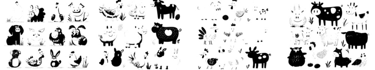 Modern kawaii smile faces of baby cat, rabbit and pig, happy cartoon animal characters with smile, dog and chick, cow, piglet and bunny, depicted as cartoon kawaii square animal faces of cute pets