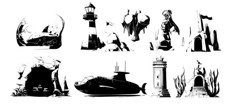 Underwater cartoon buildings are the focus of this game asset, which encompasses a modern sunken ship, a boat, and a submarine, as well as enchanting fairy houses made from stone, coral, or shell, a