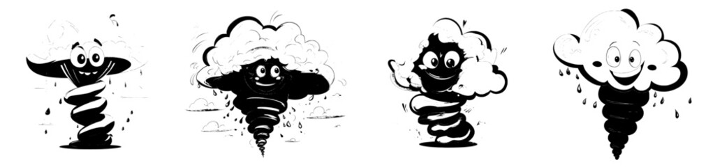A cartoon character depicting a tornado is shown with a cute and modern design, representing a storm, whirlwind, twister, or cyclone, and featuring a funnel with a smiling face
