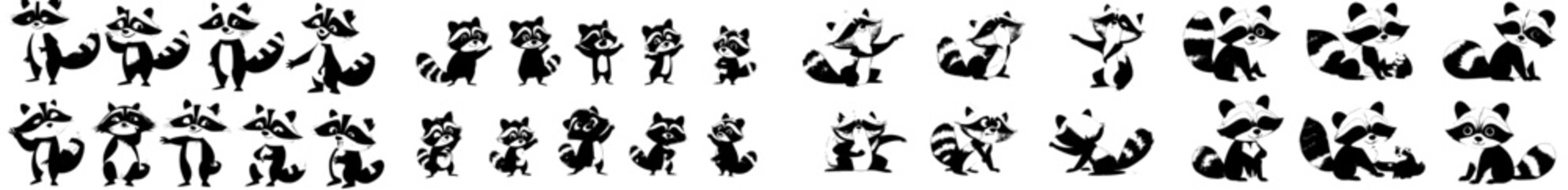 Modern cartoon characters depicting raccoons with cute and funny expressions, showcasing white and black stripes, and engaging in various activities like eating, running, and stealing food © Andrei