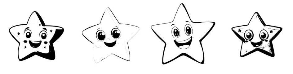 A cute cartoon star character is depicted with a cheerful expression, featuring a modern yellow star-shaped body, a smiling face, and pointy rays