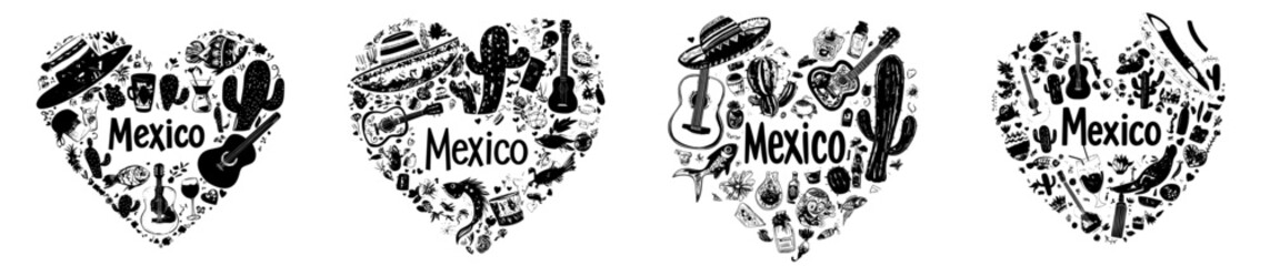 Mexico is symbolized by a heart shape filled with mariachi instruments, sombreros, ponchos, cacti, and flowers, along with modern patterns of cartoon guitars, maracas, tequila, and Tex-Mex food like