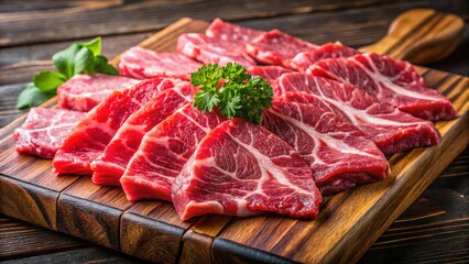Obraz premium Close-up of Thinly Sliced Beef for Shabu-Sukiyaki on Rustic Wooden Board